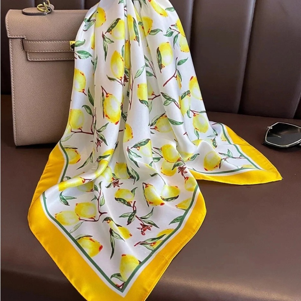 Lemon Print Silk Scarf 70 x 70 cm. Silky Touch for Neck or Bag - Picture 2 of 5